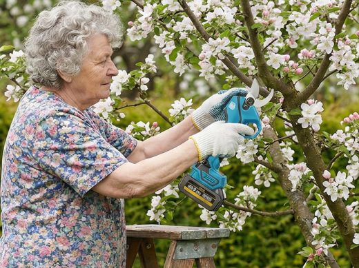 Seniorin schneidet mit einer akkubetriebenen Astschere einen Ast an einem Obstbaum zurück.