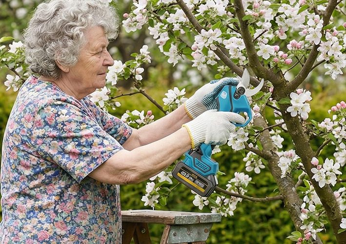 Seniorin schneidet mit einer akkubetriebenen Astschere einen Ast an einem Obstbaum zurück.